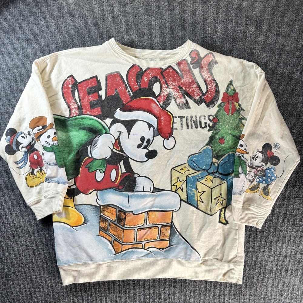 Disney Sweatshirt Mens Medium White Fleece Pullover Mickey Minnie Christmas